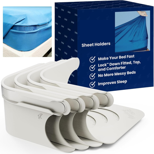 Sheet holders with packaging and inset showing bed setup.