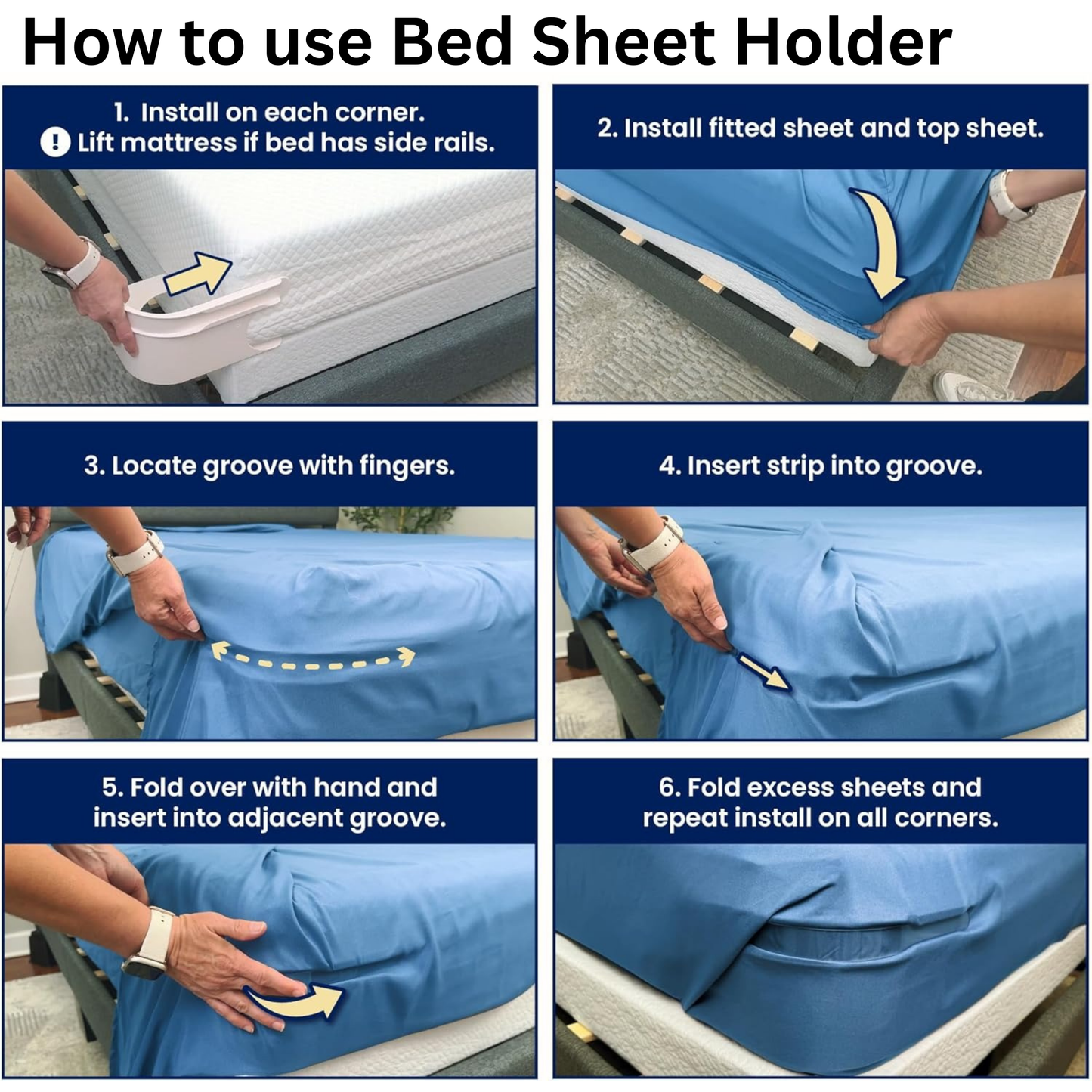 Step-by-step guide on how to use a bed sheet holder with images and text instructions.