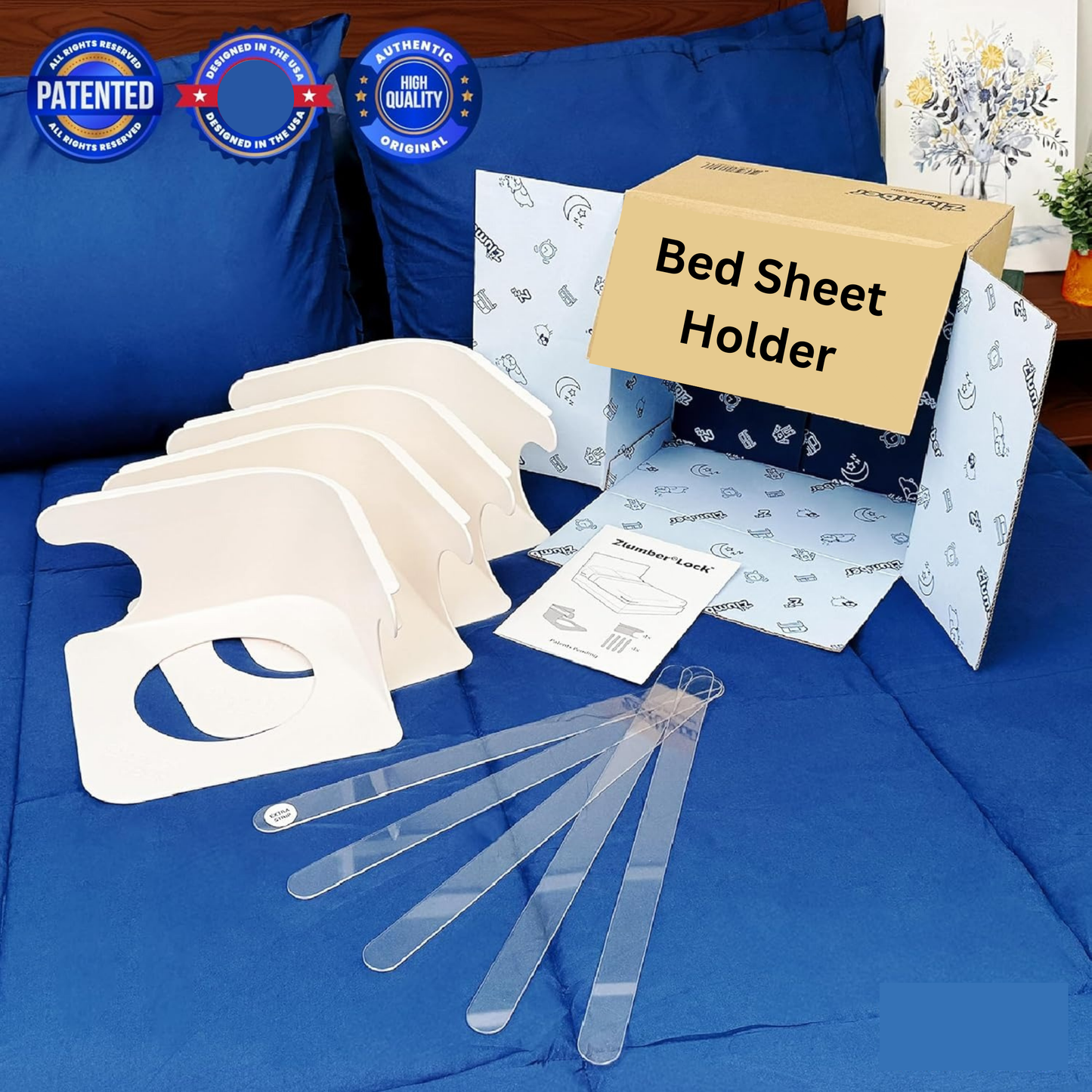 Bed sheet holder with packaging and accessories on a blue bedspread